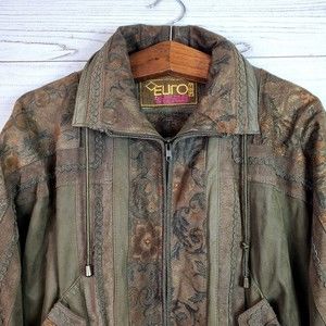 Vintage 90's Euro Mond California Paisley Bomber Moto Leather Jacket Coa…